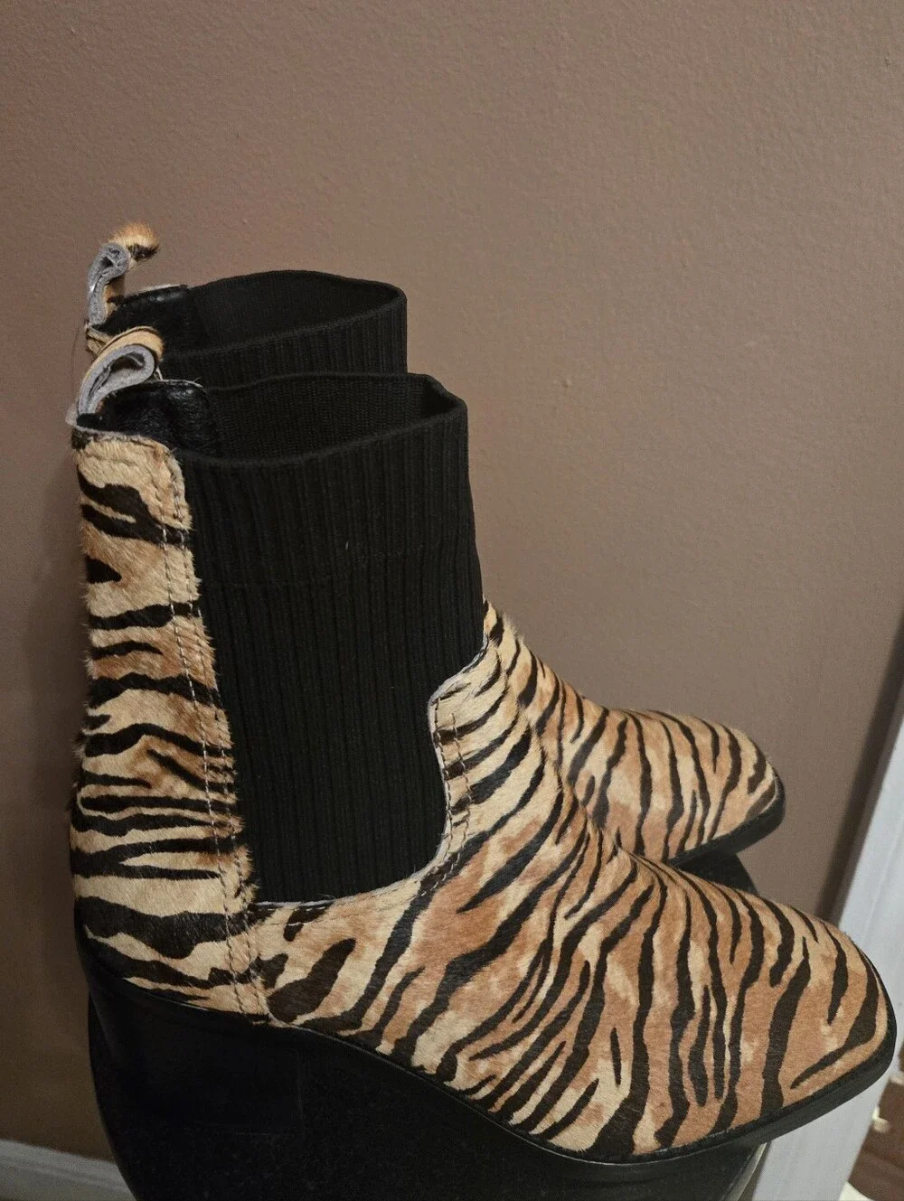 NWOT Silent D Nirvani Knit Chelsea Tiger Print Ankle Boots with Black Knit Shaft